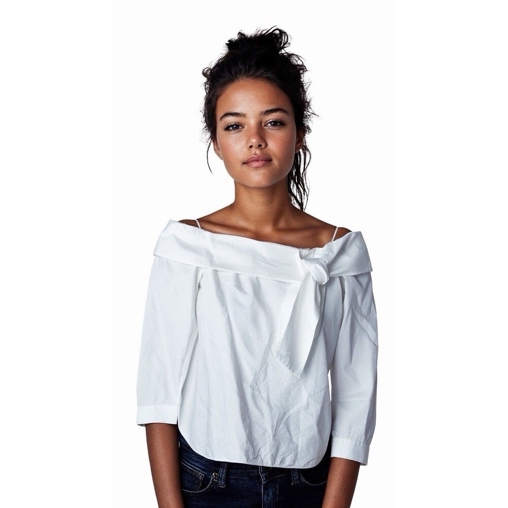 TIBI Off-Shoulder Top Women’s Size 6 White Tie Cotton Blouse Designer Old Money